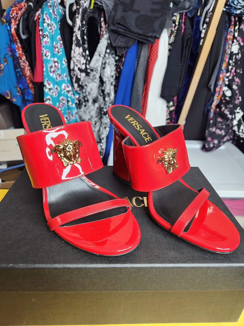 Versace Red Patent Leather Block Heel Medusa Mules